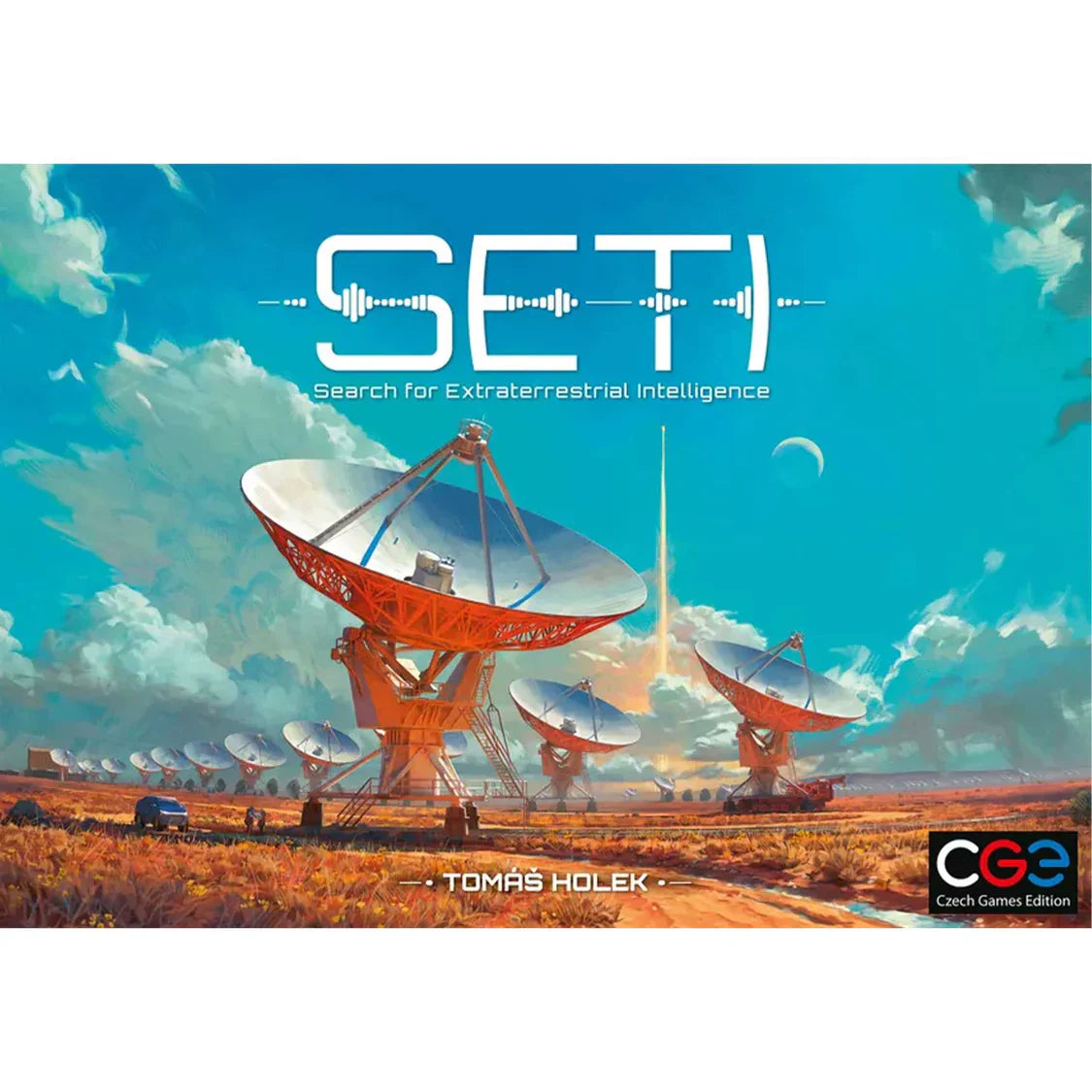 Board game box for 'SETI' with satellite imagery on a blue sky background
