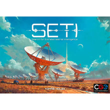 Board game box for 'SETI' with satellite imagery on a blue sky background