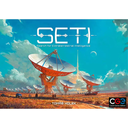 Board game box for 'SETI' with satellite imagery on a blue sky background