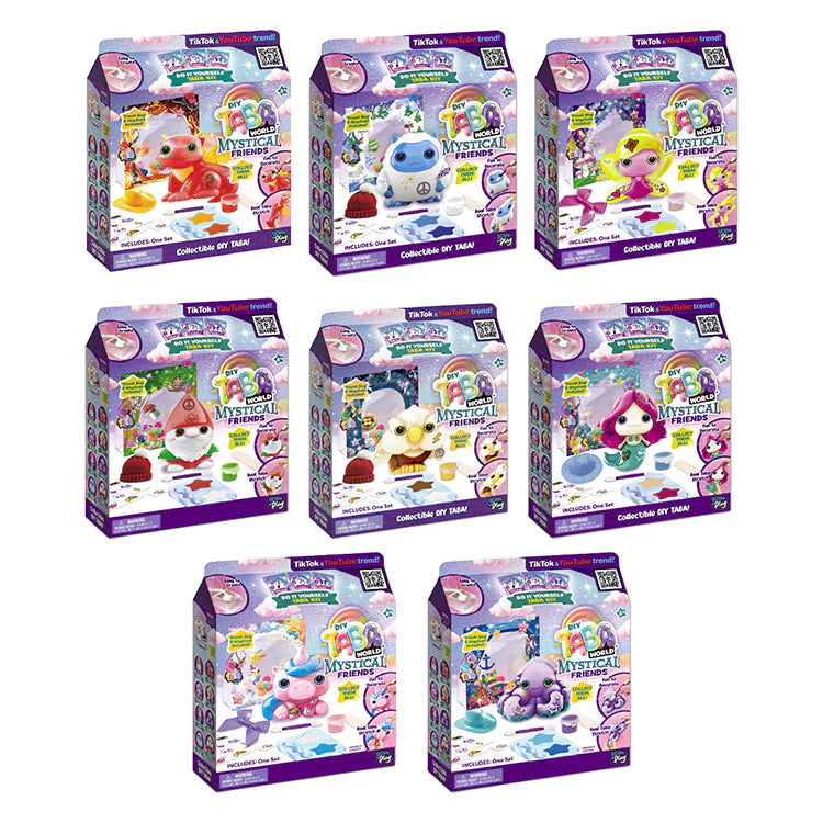Set of eight boxes containing collectible toy figures with colorful packaging on a white background