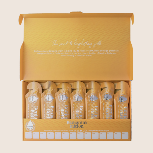 Box of Benjamin Button hair care products on a beige background