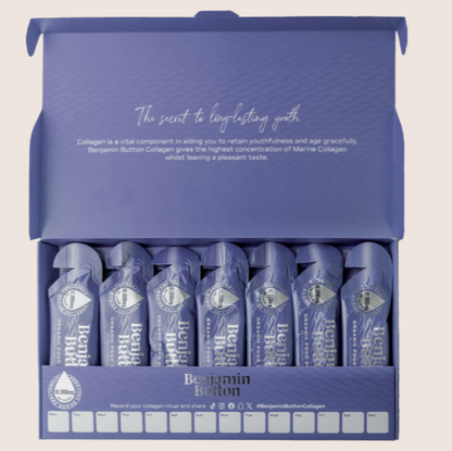 Open box of Benjamin Button collagen drinks with product packaging.