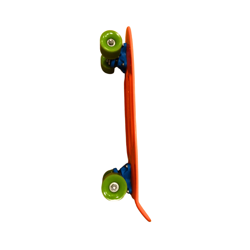 Orange skateboard with green wheels on a white background