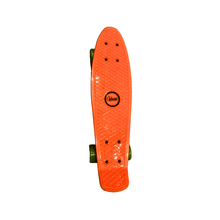 Orange skateboard with Ozbozz brand logo on a white background