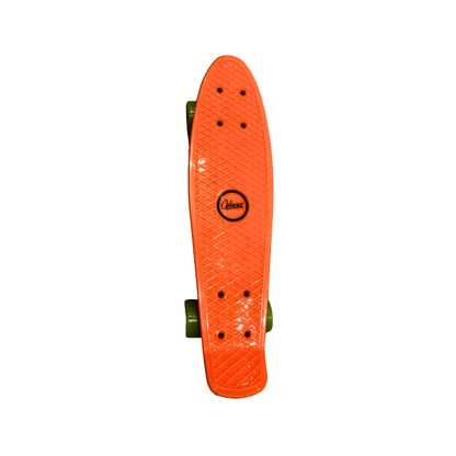 Orange skateboard with Ozbozz brand logo on a white background