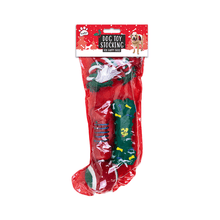 Dog toy in a red stocking with packaging on a white background