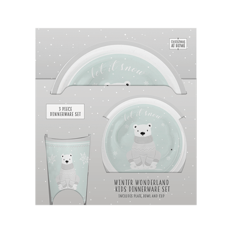 3-piece kids dinnerware set with polar bear design on a gray background