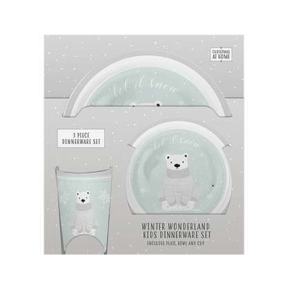 3-piece kids dinnerware set with polar bear design on a gray background