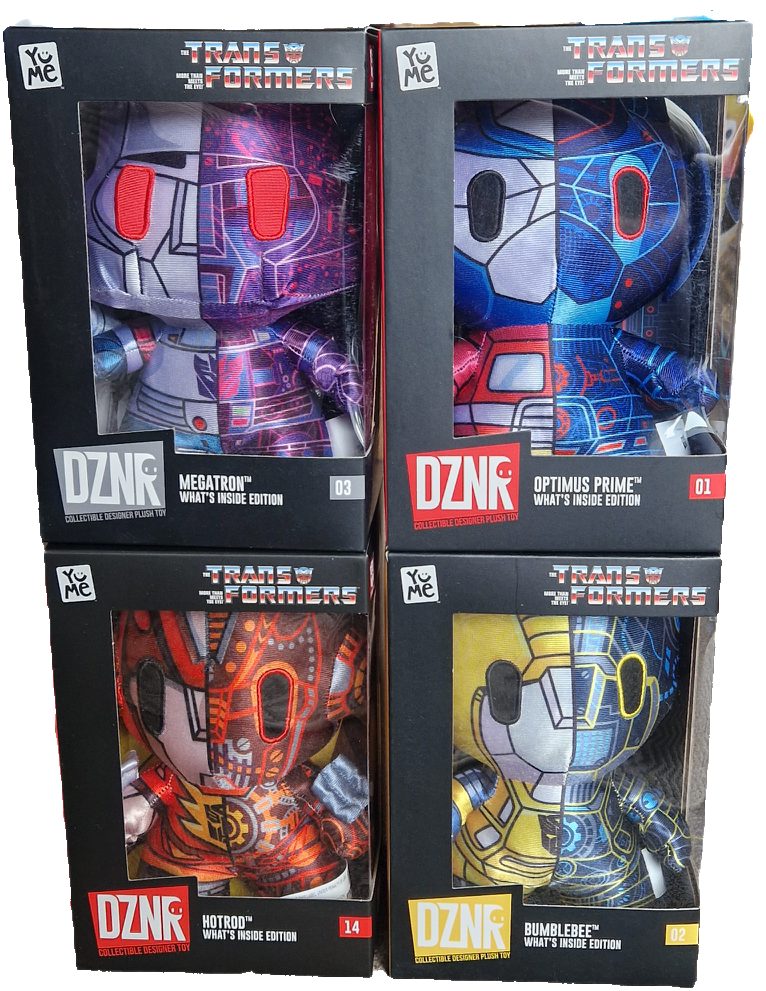 Four Transformers action figure boxes with different characters on a white background