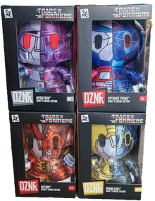 Four Transformers action figure boxes with different characters on a white background