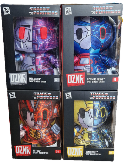 Four Transformers action figure boxes with different characters on a white background