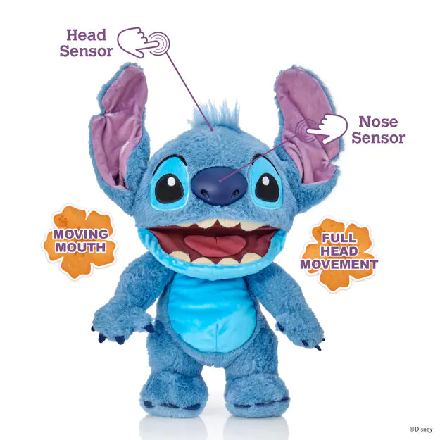 Blue plush toy with sensors and movement indicators on a white background