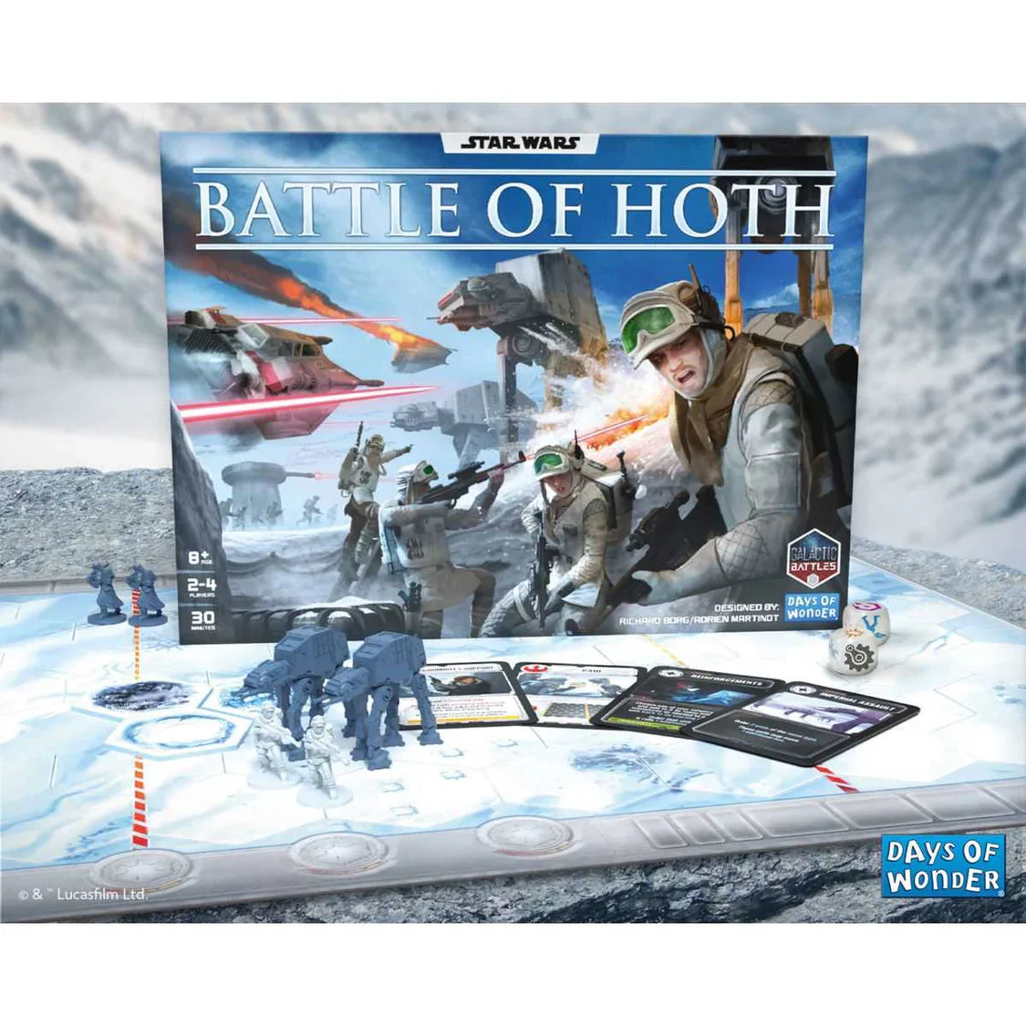Star Wars Battle of Hoth board game set with packaging and components on a snowy landscape background.