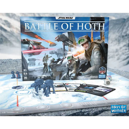 Star Wars Battle of Hoth board game set with packaging and components on a snowy landscape background.