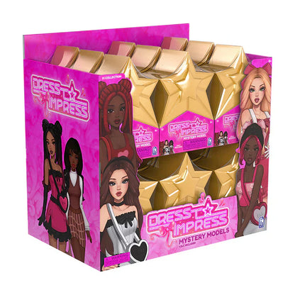 Packaging of 'Dress Up Impress' toy with star-shaped windows showing dolls inside.