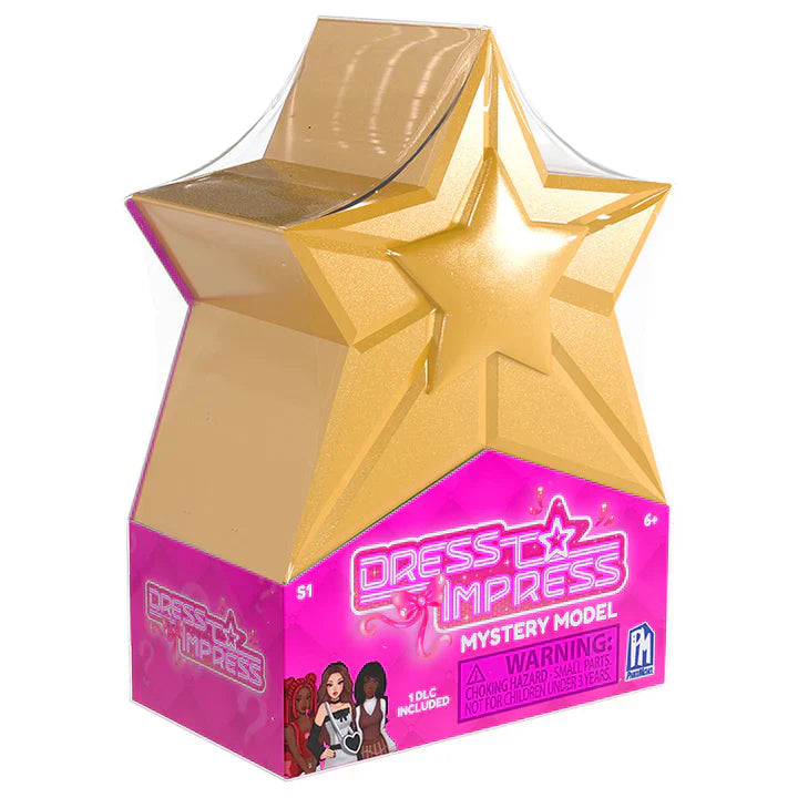 Gold and pink toy packaging with 'Dress to Impress' branding on a white background