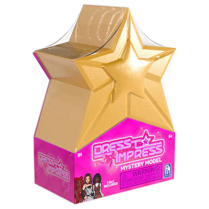 Gold and pink toy packaging with 'Dress to Impress' branding on a white background