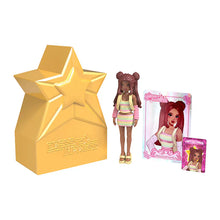 Gold star-shaped product with dolls and packaging on a white background