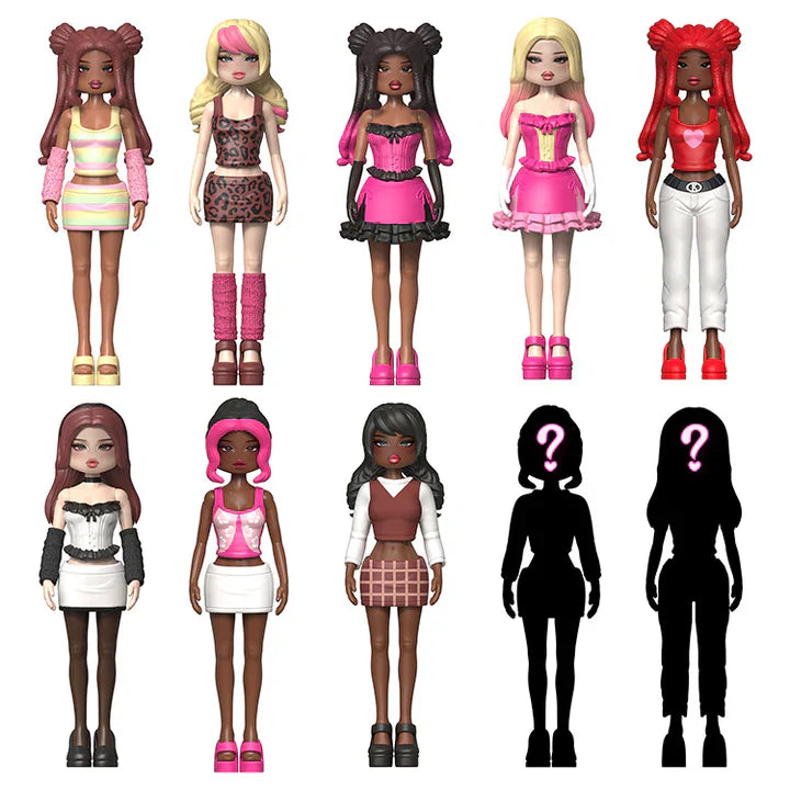 Set of dolls with various hairstyles and outfits on a white background