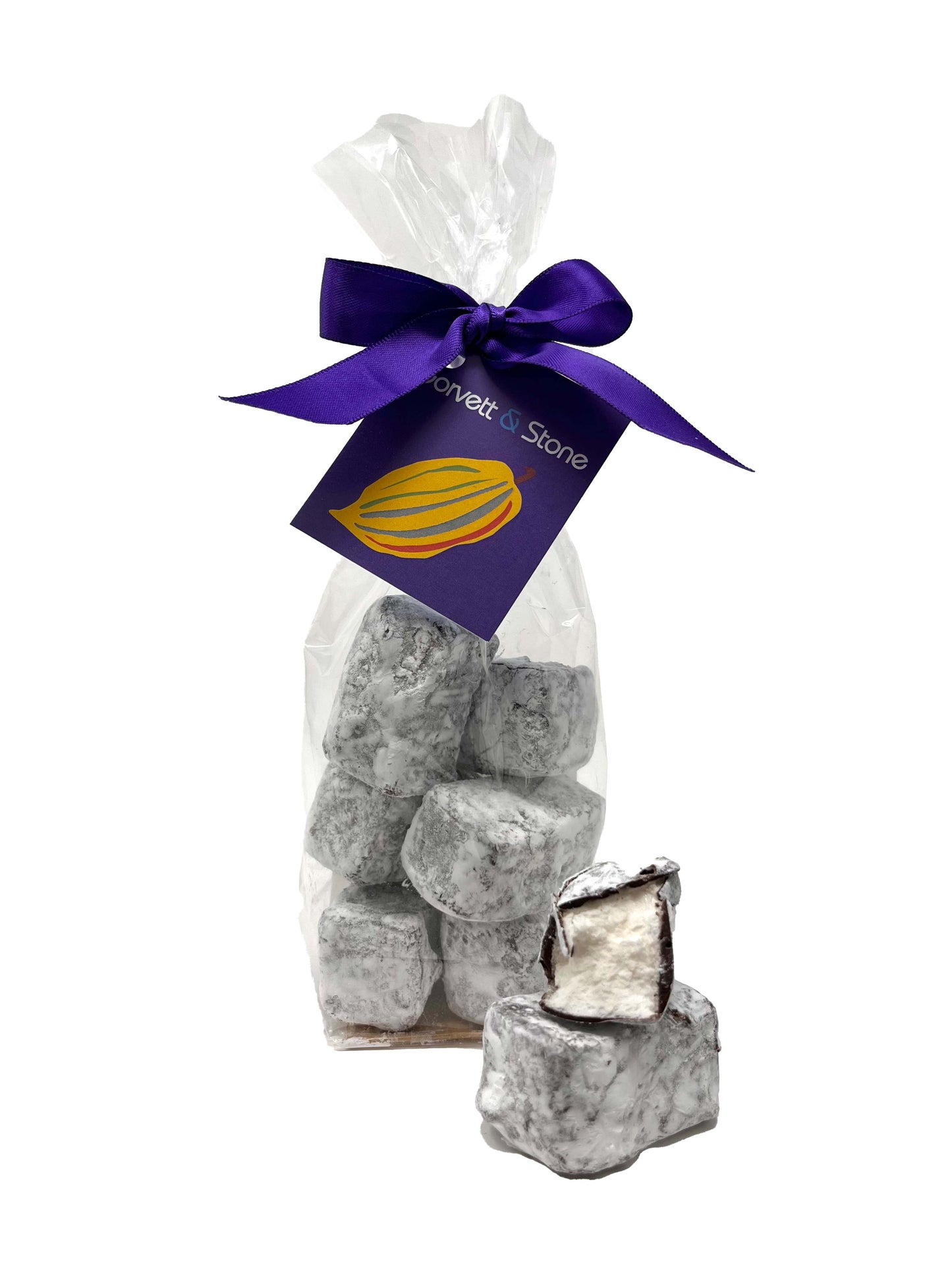 Bag of stones with a purple bow and brand label on a white background