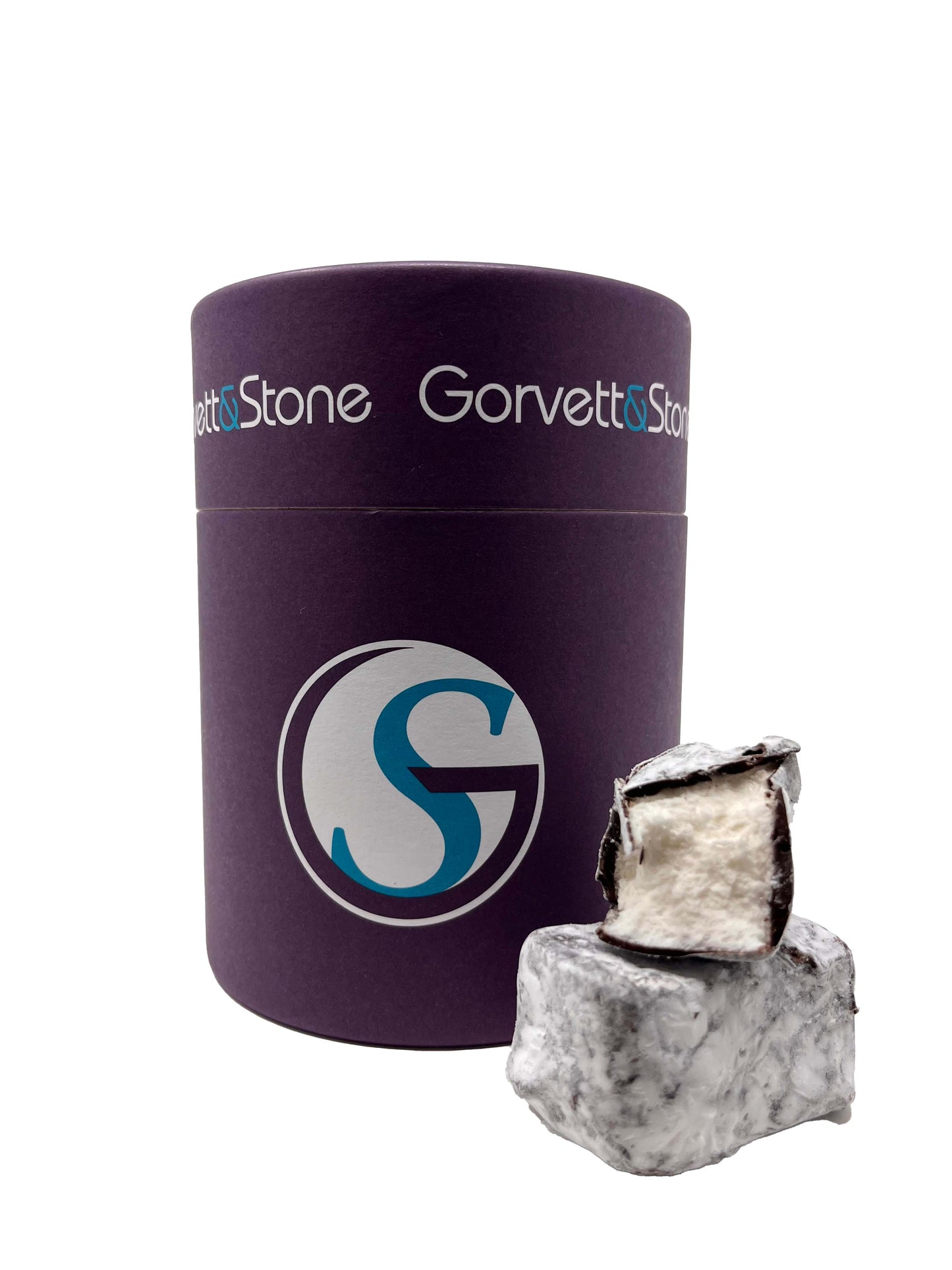 Cylindrical container with 'Gorvett & Stone' branding next to a crystal-like rock specimen on a white background