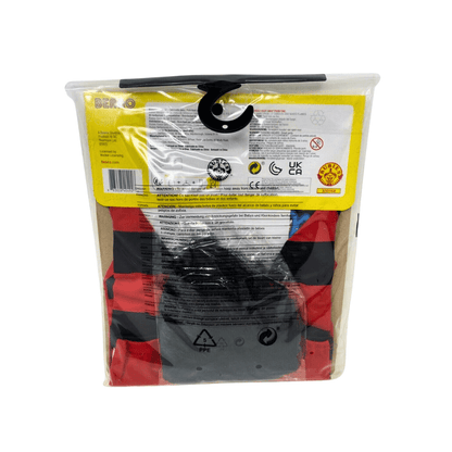 Red and black safety vest with yellow warning label on a white background
