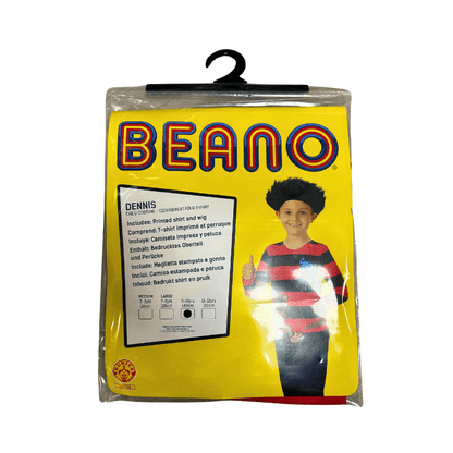 Packaged costume with 'Beano' branding and a person wearing a striped shirt.