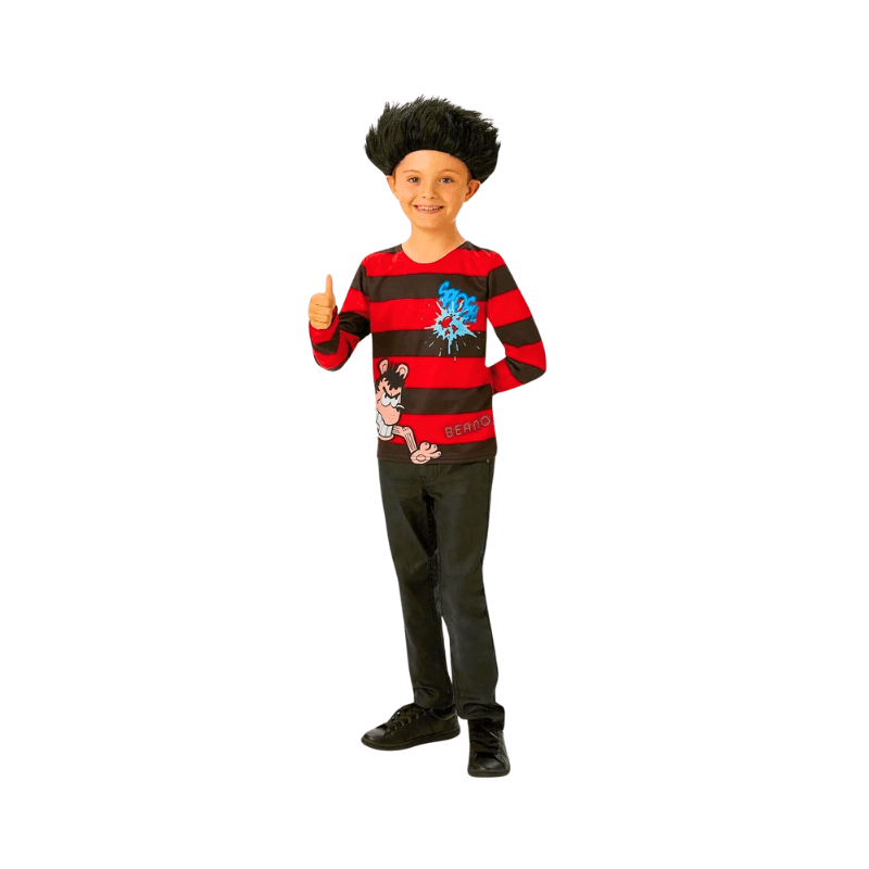 Child wearing a red and black striped sweater with a graphic design on a white background