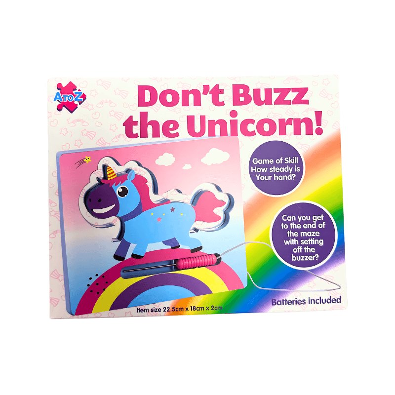 'Don't Buzz the Unicorn!' game with colourful design and unicorn illustration.