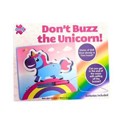 'Don't Buzz the Unicorn!' game with colourful design and unicorn illustration.