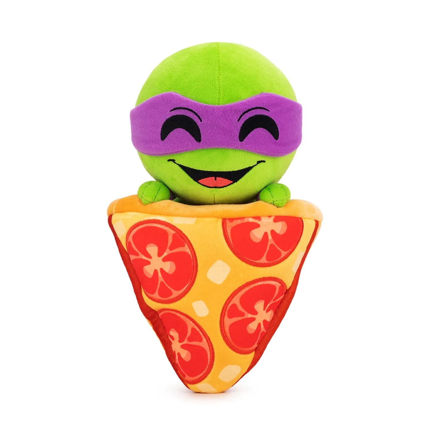 TMNT Plush toy turtle with purple mask inside a pizza-shaped container on a white background