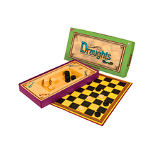 Board game set with checkered board and pieces, featuring the brand 'Draughts'.