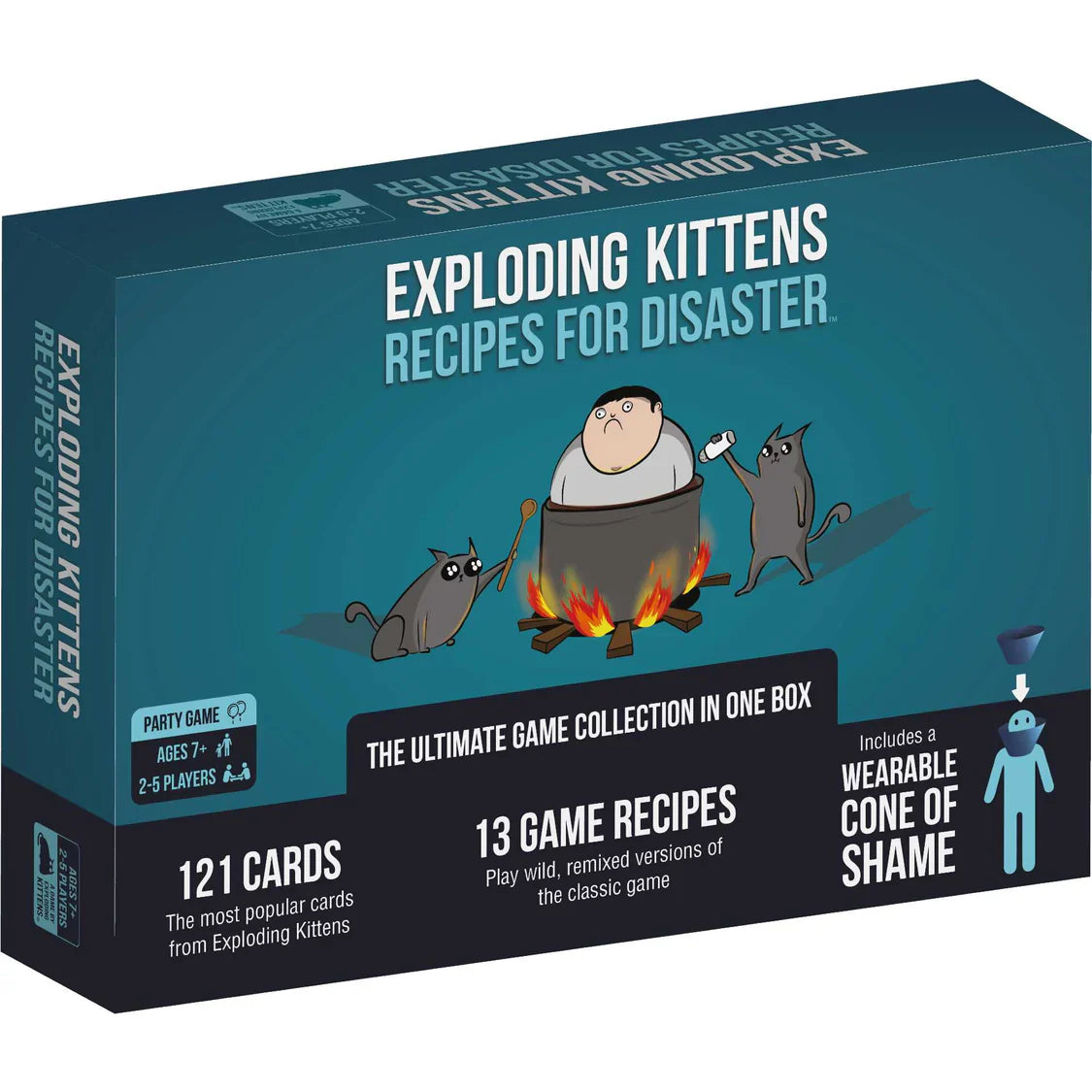 Box of 'Exploding Kittens: Recipes for Disaster' game with cartoon illustration on blue background