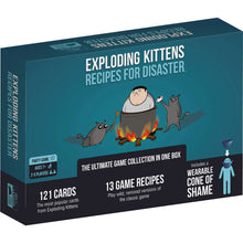Box of 'Exploding Kittens: Recipes for Disaster' game with cartoon illustration on blue background