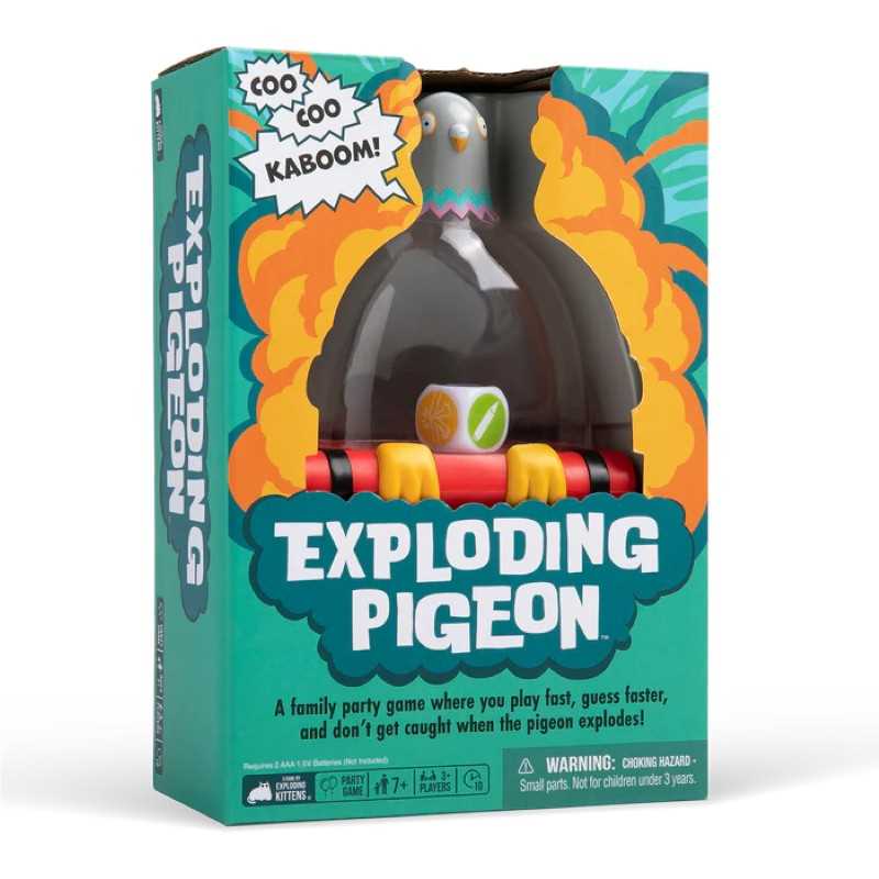 Box of 'Exploding Pigeon' game with colorful design and text.