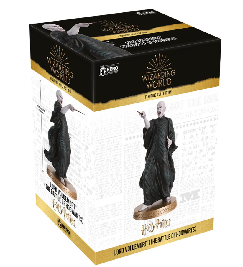 Boxed figurine of Lord Voldemort from 'Harry Potter' series with 'Wizarding World' branding.