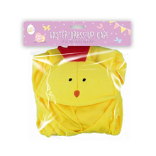 Yellow chick-themed dress-up cape in clear packaging with a pink label on a white background