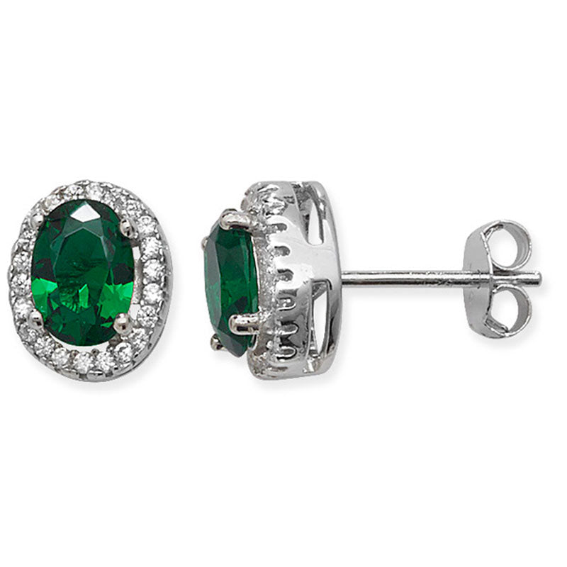 Emerald Oval Halo Stud Earrings