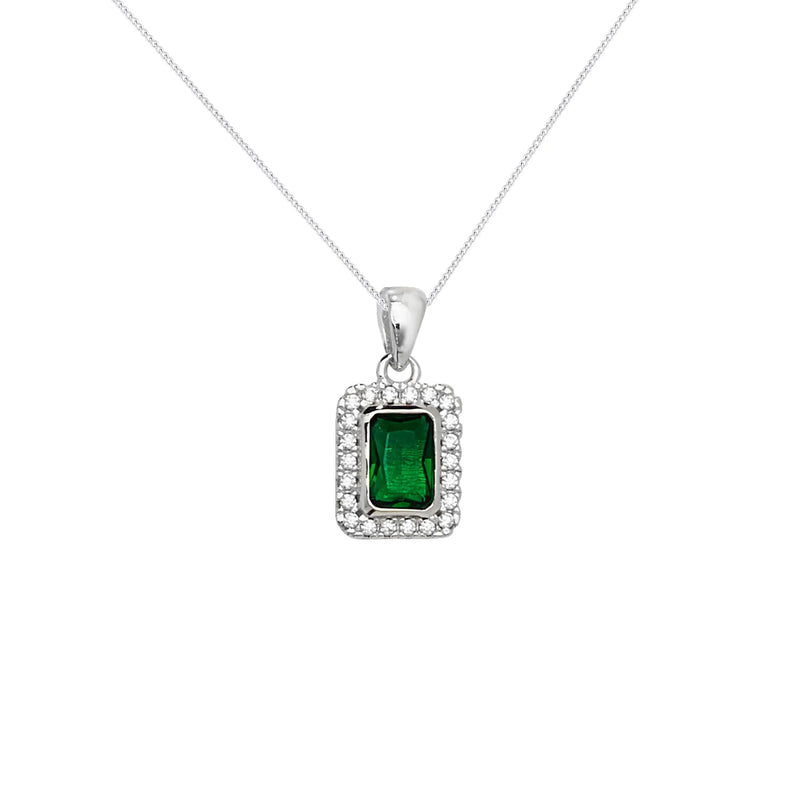 Emerald Rectangle Halo Pendant Necklace