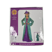 Halloween costume package for an 'Enchanted Sister Witch' with purple and green dress on a white background.