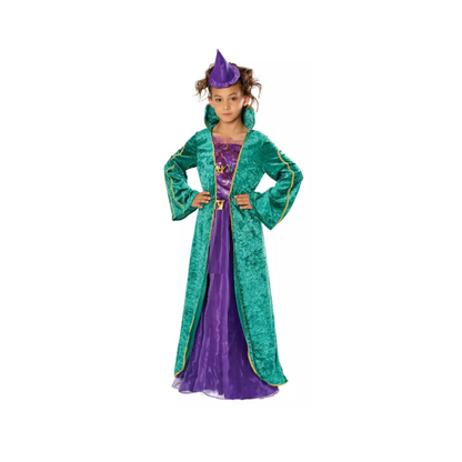 Child wearing a green and purple wizard costume on a white background