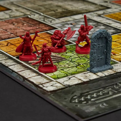 Red fantasy miniatures on a board game with a stone wall and door.