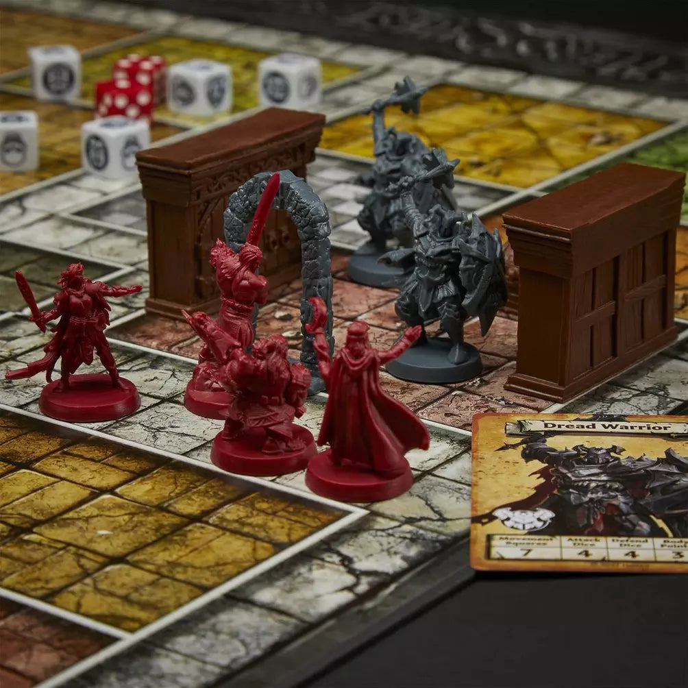 Board game setup with red and gray miniatures on a tiled board