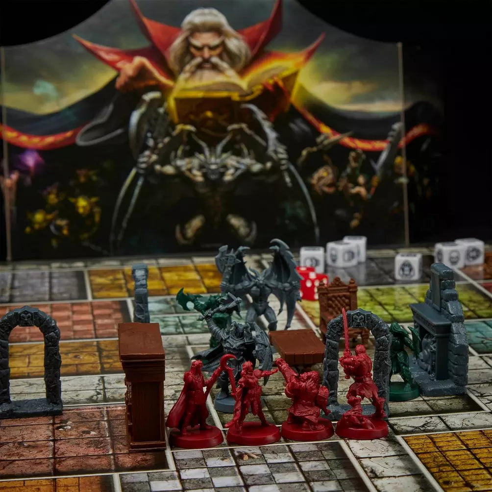 Board game setup with miniature figures and a fantasy-themed box in the background