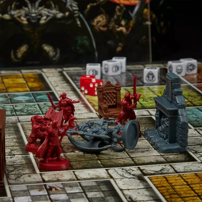 Board game setup with miniatures and dice on a grid