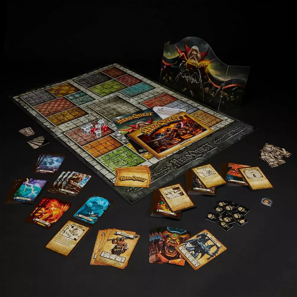 Board game setup with cards and pieces on a dark surface