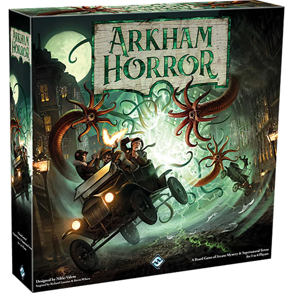 Arkham Horror board game box with vintage car and octopus illustration