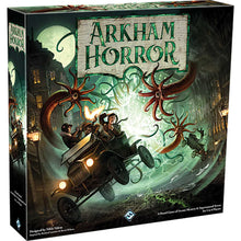 Arkham Horror board game box with vintage car and octopus illustration