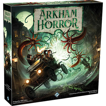 Arkham Horror board game box with vintage car and octopus illustration
