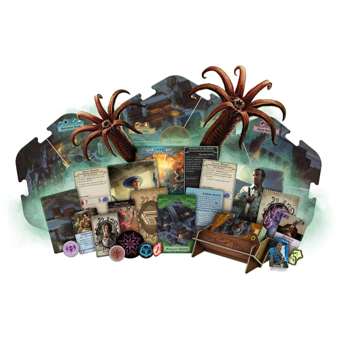 Board game set with cards and pieces on a decorative board featuring octopus designs.